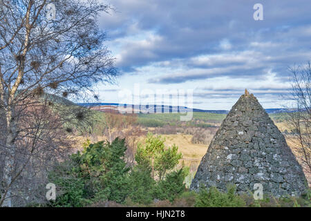 CAIRNS BALMORAL BALMORAL ESTATE CRATHIE PRINCE LEOPOLDS CAIRN situé parmi les bouleaux AVEC VUE SUR LES COLLINES couvertes de neige Banque D'Images