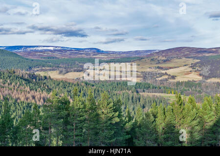 CAIRNS BALMORAL BALMORAL ESTATE CRATHIE VUE DE FERMES ET de collines couvertes de neige À PARTIR DE L'énorme pyramide de PRINCE ALBERT Banque D'Images