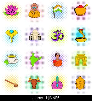 L'Inde icons set dans un style comics isolated on white Illustration de Vecteur