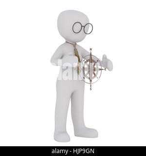 La figure de l'homme sans visage en 3D lunettes et cravate holding symbole de navigation de Compass, rendre isolé sur fond blanc Banque D'Images