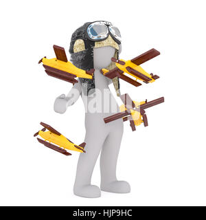 Modèle 3D de l'homme sans visage dans l'aviation casque entouré de petites commandes d'avions en bois battant, isolé sur fond blanc Banque D'Images