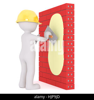 Du plâtre ou 3d builder portant un casque de plâtrer un mur de brique rouge avec une truelle, rendu cartoon illustration on white Banque D'Images