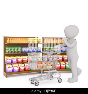 Cute little 3d man faire son épicerie à marcher le long des étagères de produits dans un supermarché avec un chariot, rendu cartoon illustration sur Banque D'Images