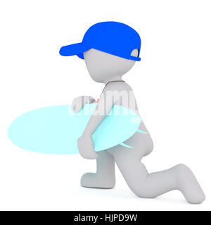 3D sans visage homme surfer ou surveillée en capuchon bleu avec sifflet debout sur un genou à la distance à la tenue de surf, isolé sur fond blanc Banque D'Images