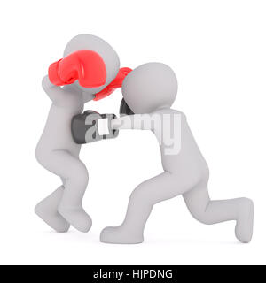 Deux hommes 3d'avoir un match de boxe punching mutuellement avec leurs gants de cuir, rendu cartoon illustration on white Banque D'Images