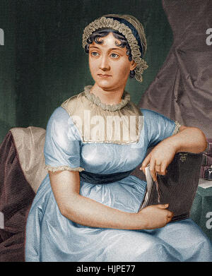 JANE AUSTEN (1775-1817) romancière anglaise une lithographie colorisée de 1873 d'après la gravure de son neveu James Austen-Leigh's biographie publiée en 1869, lui-même basé sur des photos Banque D'Images