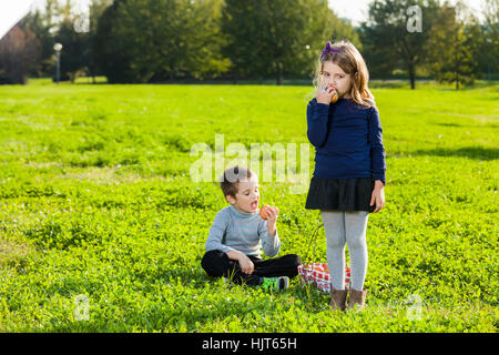 Happy kids manger des fruits à partir de panier pique-nique assis sur l'herbe verte Banque D'Images