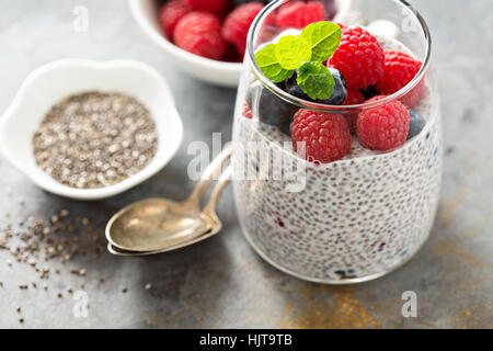 Chia vanille pudding avec les baies fraîches Banque D'Images