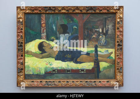 Peinture Te Atua (tamari pas de la naissance, 1896) par le peintre post-impressionniste Paul Gauguin sur l'affichage dans la Neue Pinakothek (Nouveau Pinacotheca) à Munich, Bavière, Allemagne. Banque D'Images