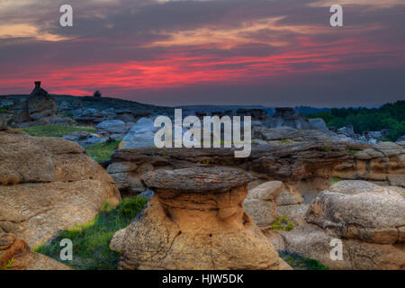 Lever du soleil sur l'or à l'écriture sur Hoodoo badlands Stone Provincial Park et Aisinaipi Site historique national en Alberta. Banque D'Images