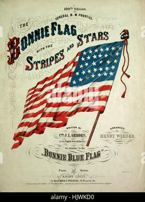 Sheet Music image de couverture de la chanson 'Le Drapeau Bonnie avec les rayures et les étoiles 100e Edition', avec l'auteur original "Lecture notes Écrit par COL JL Geddes (du 8e d'infanterie de l'Iowa), en réponse à la "Bonnie Blue Flag' organisé par Henry Werner', 1863. L'éditeur est répertorié comme "Balmer et Weber, 56 quatrième fleuve', la forme de la composition est "avec chœur trophique', l'instrumentation est 'piano et voix", la première ligne se lit "Nous luttons pour notre Union, nous luttons pour notre confiance', et l'illustration artiste est répertorié comme 'A. McLean lith.'. Banque D'Images