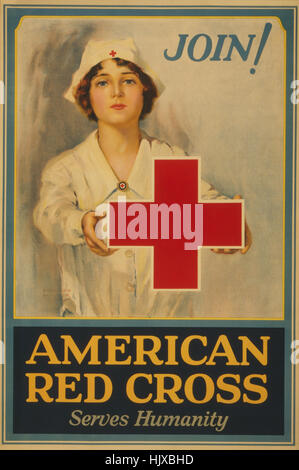 Infirmière de la Croix Rouge Croix Rouge Holding, "Inscrivez-vous ! American Red Cross sert l'humanité", affiche des membres au cours de la Première Guerre mondiale, par Lawrence Wilbur, USA, 1917 Banque D'Images