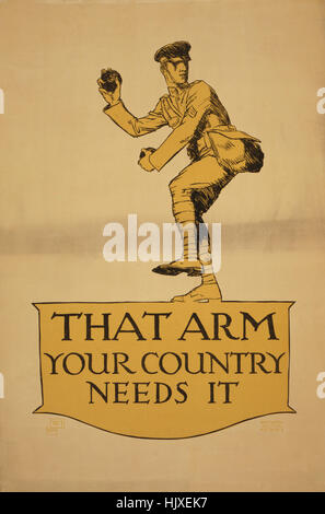 Baseball Pitching soldat, 'ce bras, votre pays a besoin de lui', la Première Guerre mondiale, Affiche de recrutement par Vojtech Preissig, USA, 1917 Banque D'Images