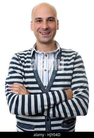 Handsome bald woman wearing sweater cardigan isolé sur fond blanc Banque D'Images