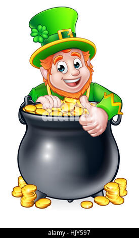 St Patricks Day Leprechaun Cartoon character peeking sur un pot d'or Banque D'Images