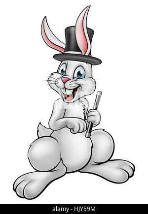 Un dessin animé lapin blanc magicien personnage portant un chapeau et tenant une baguette magique Banque D'Images