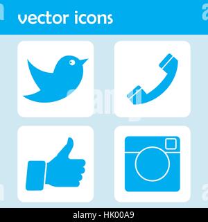 Télévision conçu vector icons comme symbole main, Thumbs up, appareil photo numérique, d'oiseaux et de messenger téléphone récepteur pour les médias sociaux, sites Web, interfaces. Illustration de Vecteur