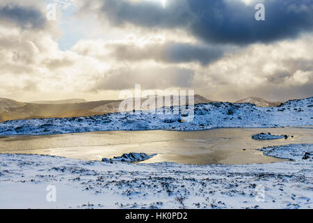 Hiver neige scène par Llyn y Foel lake sur des pentes de Moel Siabod dans le parc national de Snowdonia. Capel Curig, Conwy, Pays de Galles, Royaume-Uni, Angleterre Banque D'Images