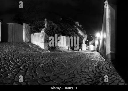 B&W nuit vue sur château alley Nouveau Monde, Le Château de Prague, Prague, République Tchèque Banque D'Images