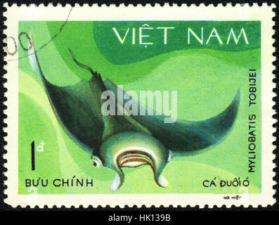 Un timbre-poste imprimé au Vietnam montre un poisson Myliobatis tobijei, série, vers 1980 Banque D'Images