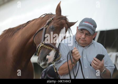 Hallandale Beach, FL, USA. 25 Jan, 2017. Formateur : wizz Alan Sherman à Gulfstream Park à Hallandale Beach, Floride, le mercredi, le 25 janvier 2017. California Chrome devrait la race de l'ordre de 12 millions de Pegasus World Cup course de chevaux le samedi. (Joe Cavaretta/South Florida Sun-Sentinel via AP) Credit : Sun-Sentinel/ZUMA/Alamy Fil Live News Banque D'Images