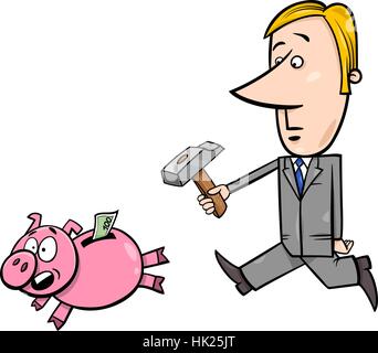 Cartoon Illustration of Businessman concept avec un marteau chassant Piggy Bank Illustration de Vecteur