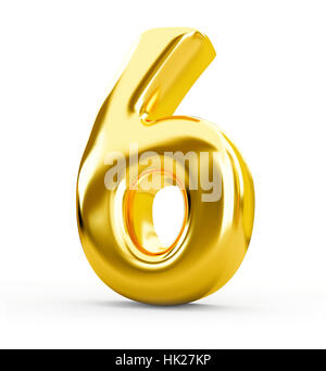 Or 3d metal numéro 6 six fond blanc isolé Banque D'Images