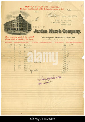 1905 billhead antique de la Jordanie Marsh Company à Boston, Massachusetts. Les établissements humains mensuel facture inclut les fournitures de couture comme ruching, velours, toile, boutons, crochets, percale et boucliers. Banque D'Images