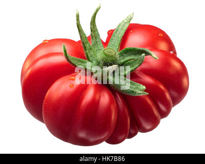 Costoluto Fiorentino côtelée douce tomate (Solanum lycopersicum), beefsteak (slicer) type, avec des sépales. Chemin de détourage, shadowless Banque D'Images