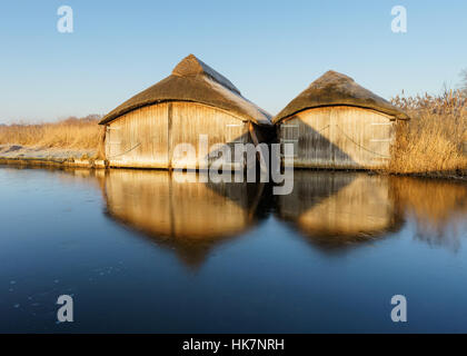 Les hangars à bateaux sur chaume Hickling large prendre le soleil tôt le matin. Banque D'Images