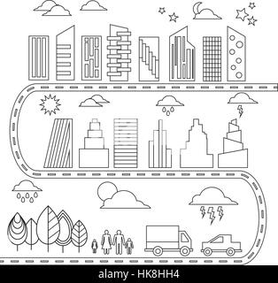 Différents éléments d'illustration de la ville les bâtiments, les transports. les arbres d'icônes. Vector illustration Illustration de Vecteur