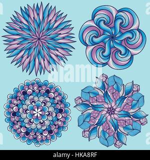 Vector mandalas. Mandala de couleur définie. Rond Oriental ornement. élément de design asiatique. Ensemble de quatre vecteur bleu mandalas. Illustration de Vecteur