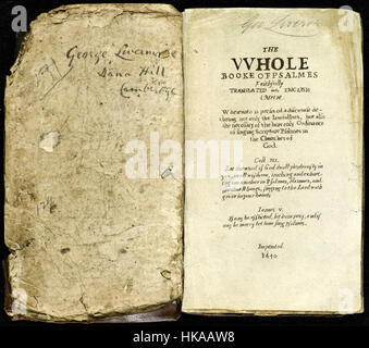 Page de titre de "l'ensemble Booke de Psalmes" (mieux connu sous le nom de "Livre des Psaumes Bay') une nouvelle traduction par Richard Mather(1596-1669), Thomas Mayhew (1593-1682), et John Eliot (1604-1690), imprimé par Stephen Daye (1594-1668) la première imprimante de l'Amérique du Nord. Publié dans Cambridge, Massachusetts en 1640 ce fut le premier livre imprimé en Amérique du Nord britannique. Banque D'Images