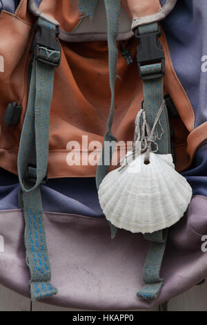 Coquille Saint-Jacques fixé sur un sac à dos du pèlerin à côté de l'auberge du pèlerin sur le Camino de Santiago (Chemin de Saint Jacques) à Condom, Gers, France. Coquille Saint-Jacques, également connu sous le nom de la coquille de Saint Jacques, est un symbole traditionnel du pèlerinage à Santiago de Compostela, Espagne, connu sous le nom de chemin de Saint Jacques. Banque D'Images