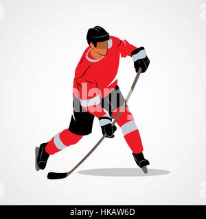 Joueur de hockey sur glace hits la rondelle sur un fond blanc. Vector illustration. Illustration de Vecteur