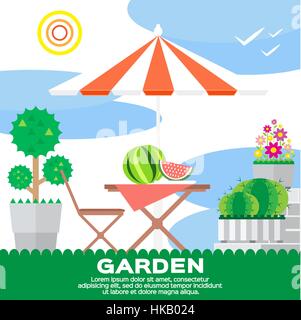 Rural - éléments de jardin, parterre de fleurs, arbres, parasol, chaise, table, pastèque dans scénario télévision style. Jardin paysage - pique-nique estival. C'écologie Illustration de Vecteur