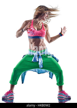 Une femme caucasienne danseurs zumba fitness danse exercice exercices en studio isolé sur fond blanc Banque D'Images