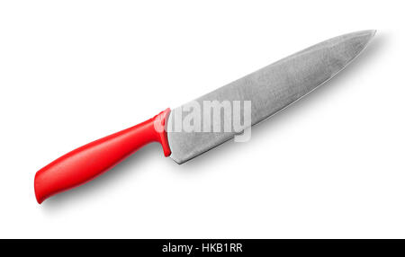 Grand couteau de cuisine avec poignée rouge isolé sur fond blanc Banque D'Images