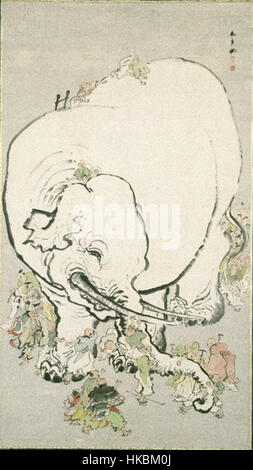 « Les hommes aveugles évaluant un éléphant » d'Ohara Donshu est une représentation unique de l'ancienne parabole, où six aveugles décrivent un éléphant en se basant sur leur toucher. La peinture interprète de manière créative le thème de la perception et de la réalité. Banque D'Images