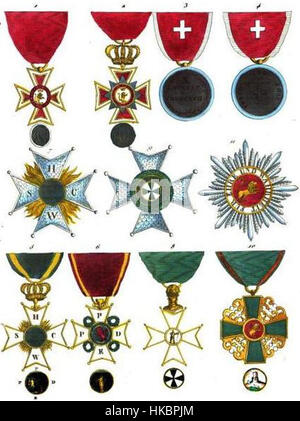 La lithographie de 1820 d'Aristide Michel Perrot fait partie de la Collection historique des ordres de chevalerie civile et militaire, représentant divers ordres de chevalerie de l'époque. Cette illustration met en valeur les décorations militaires et civiles. Banque D'Images