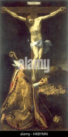 Cette peinture de Giuseppe Mazzuoli, représentant des membres Eligius, le montre adorant le Christ crucifié aux côtés de George. L’œuvre met en lumière la dévotion religieuse et les figures historiques de l’iconographie chrétienne primitive. Banque D'Images