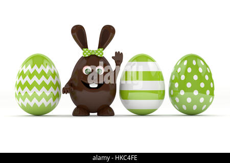 Le rendu 3D de chocolat de Pâques bunny en ligne avec les oeufs peints isolated over white background Banque D'Images
