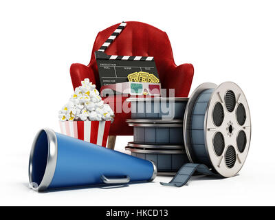 Siège rouge, pop corn, billet, bobine de film et de l'ardoise. 3D illustration Banque D'Images