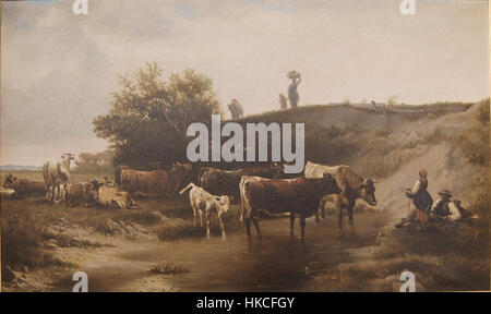 Une peinture de paysage de T.T. Spear mettant en scène des bovins qui paissent paisiblement dans un cadre rural serein. L’œuvre met en valeur l’harmonie entre les animaux et la nature. Banque D'Images