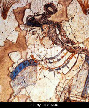 Cette œuvre représente la récolte du safran sur l'île de Santorin, faisant éventuellement référence à l'ancienne déesse Thera. L'image illustre probablement les pratiques culturelles associées à la récolte du safran, une épice précieuse historiquement importante dans la culture grecque. Banque D'Images