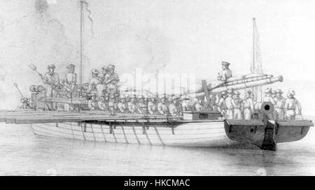 Le tableau « Shallop Gunboat Gunboat War » représente une scène navale de la guerre des canonnières, mettant en valeur les tactiques et la technologie militaire du début du XIXe siècle. Les travaux soulignent l'importance stratégique des petits navires de guerre dans le conflit. Banque D'Images