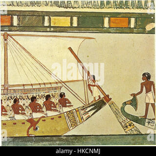 Cette image montre une scène détaillée de la tombe de Menna, une ancienne tombe égyptienne située à Thèbes. Il représente un bateau funéraire, qui a été utilisé dans les rituels funéraires de l'époque, symbolisant le voyage vers l'au-delà. L'œuvre d'art reflète les pratiques funéraires de l'Égypte ancienne et leur accent sur les besoins des défunts dans l'au-delà. Banque D'Images