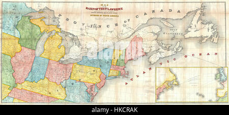 Une carte créée par Andrews en 1853 détaillant les grands Lacs et le bassin du Laurent. La carte fournit une vue géographique historique de cette région essentielle de l'Amérique du Nord, mettant en évidence les voies navigables et la topographie. Banque D'Images