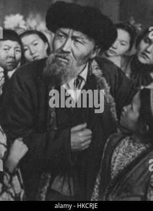 Un portrait de l'artiste kazakh Aimanov secoué, le représentant dans le style de son œuvre célèbre 'Zhambyl', reflétant la culture et l'histoire kazakhes à travers sa vision artistique unique. Banque D'Images