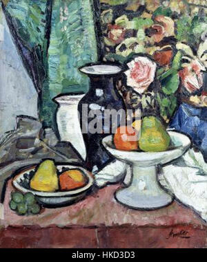 Hunter Still Life est une peinture à l'huile détaillée capturant une composition d'outils de chasse, de gibier et d'éléments naturels. L'attention particulière de l'artiste à la texture et à la lumière reflète la richesse du genre nature morte, mettant l'accent sur les matériaux et les sujets souvent associés à la culture de la chasse. Banque D'Images